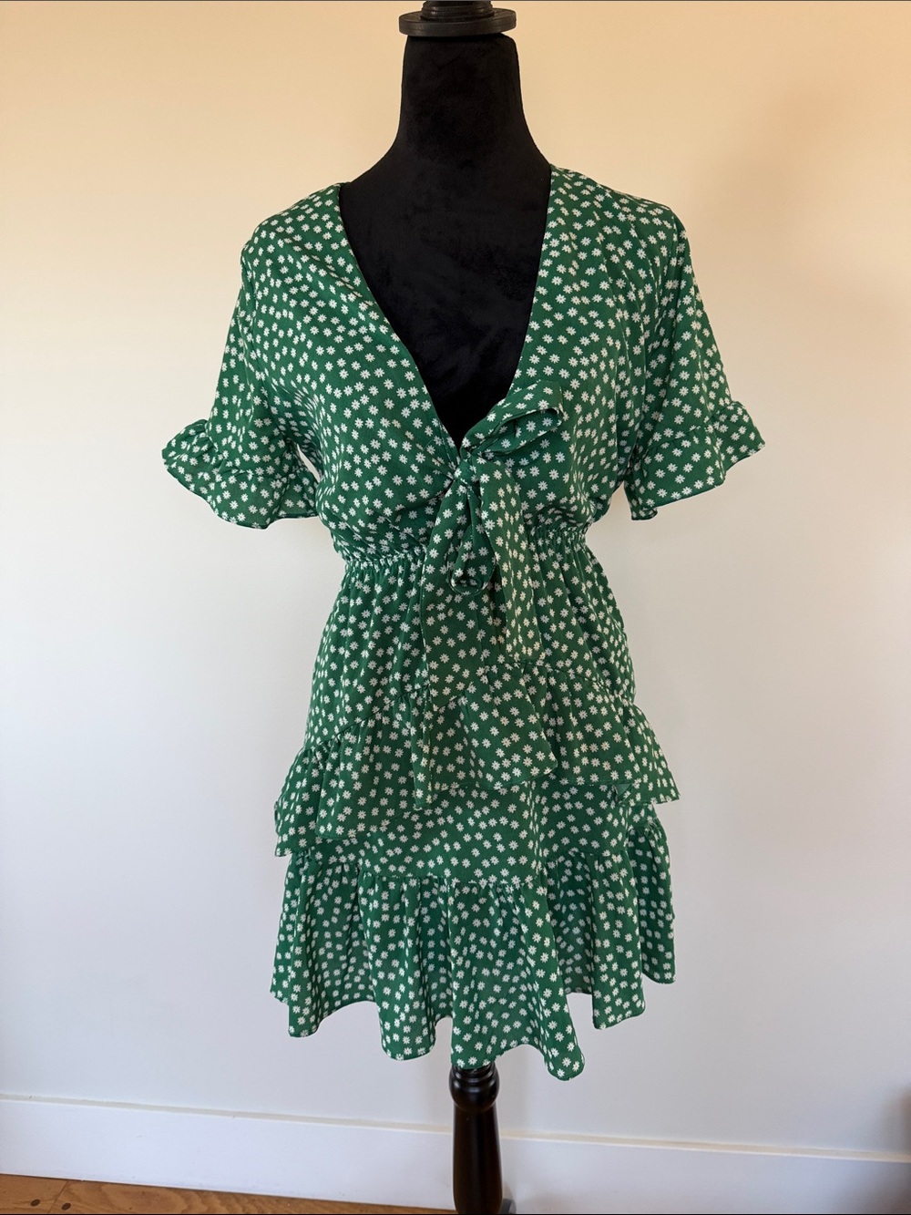 Green Floral Tie-Front Ruffle Tiered Mini Dress